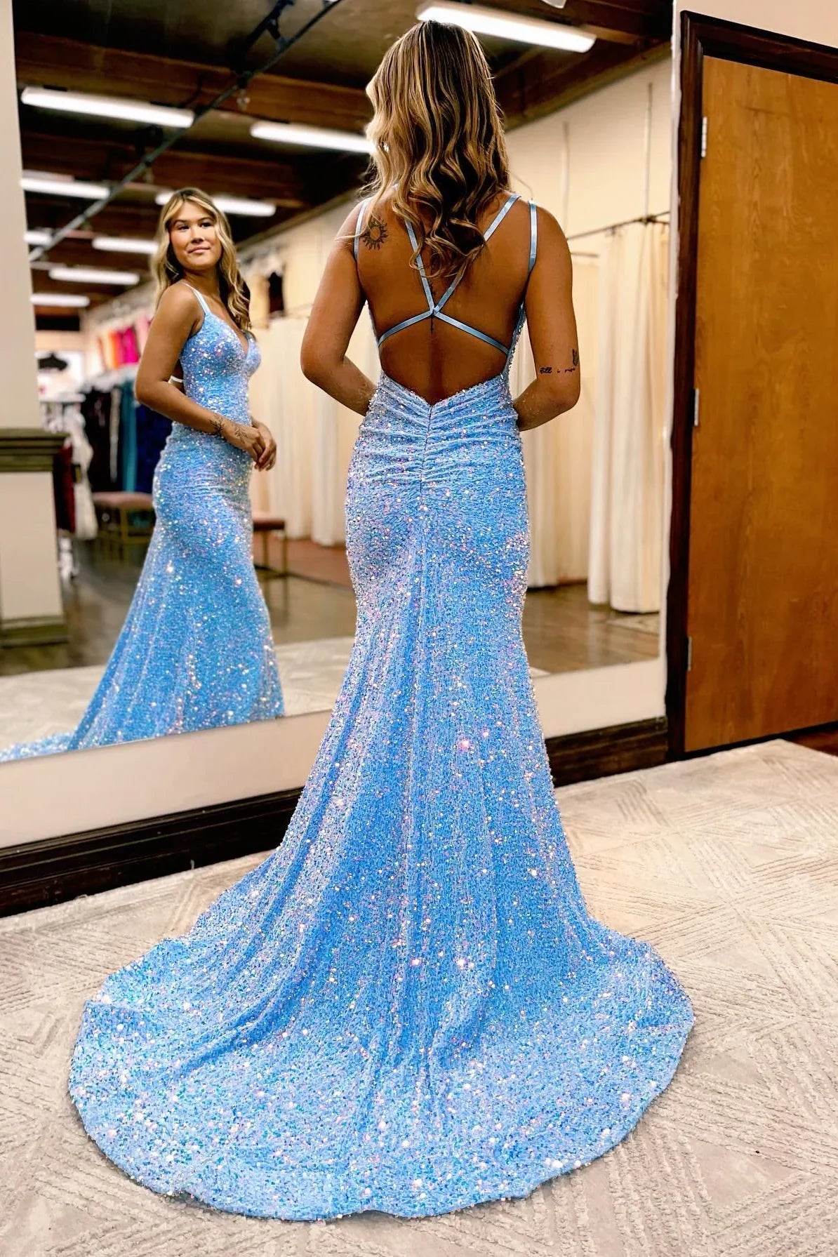 Mermaid Sequins Trumpet Double Straps Long Prom HZ0307