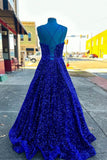 A-line Royal Blue Sequin V Neck Long Prom HZ0307