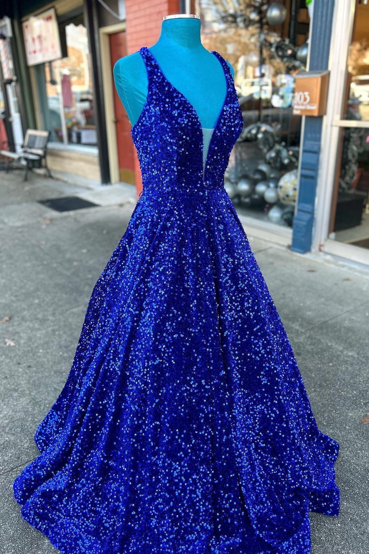A-line Royal Blue Sequin V Neck Long Prom HZ0307