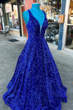 A-line Royal Blue Sequin V Neck Long Prom HZ0307