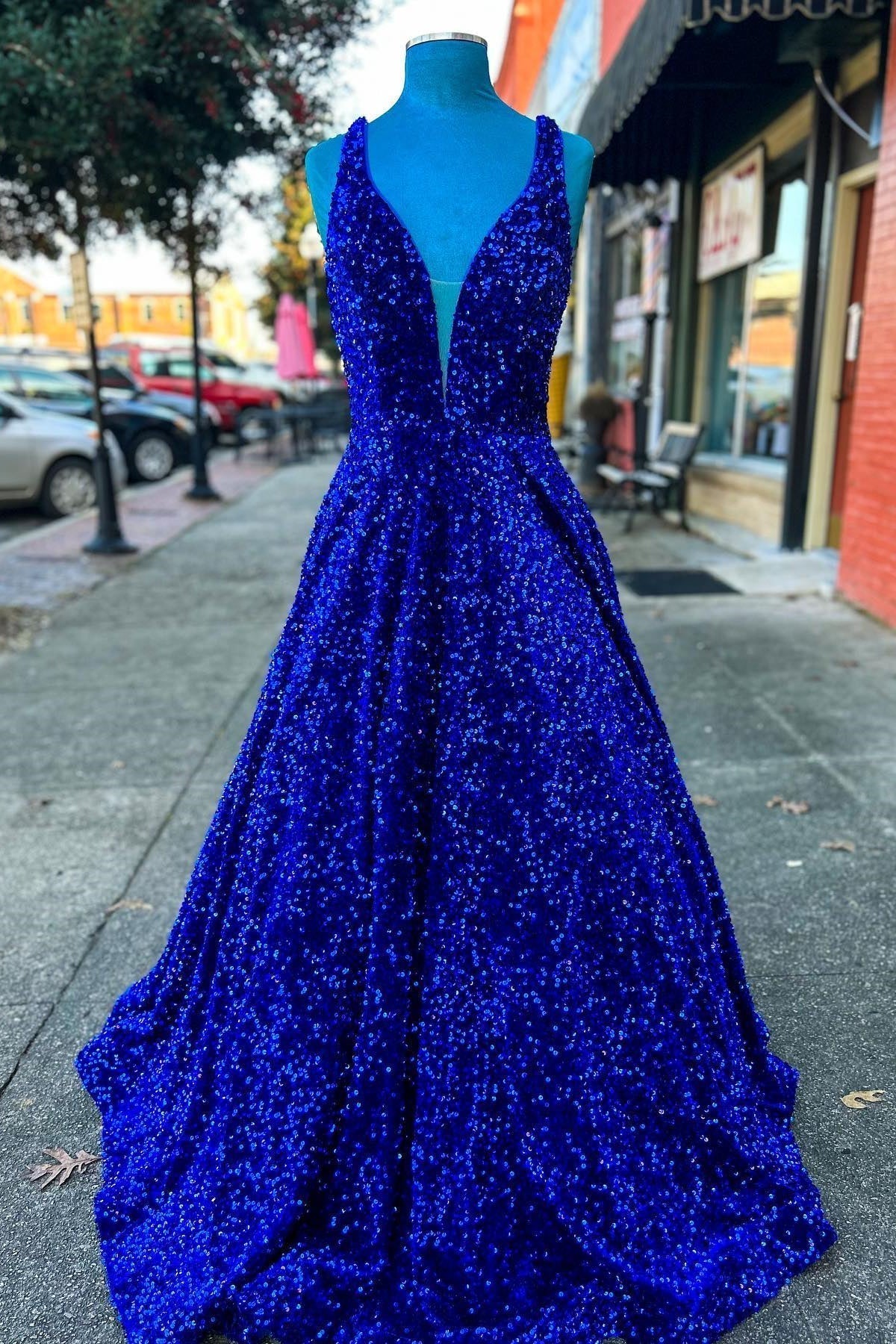 A-line Royal Blue Sequin V Neck Long Prom HZ0307