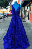 A-line Royal Blue Sequin V Neck Long Prom HZ0307