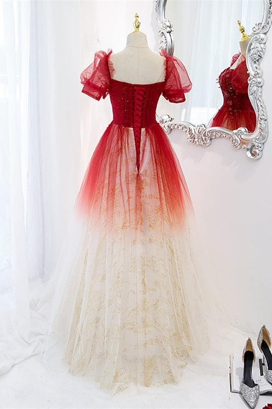 Red Ombre A-line Tulle Long Formal Dress with Short HZ0307