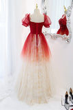 Red Ombre A-line Tulle Long Formal Dress with Short HZ0307