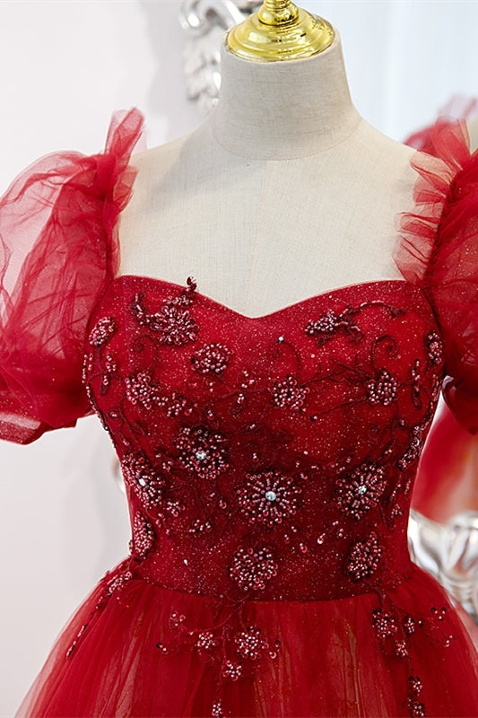 Red Ombre A-line Tulle Long Formal Dress with Short HZ0307
