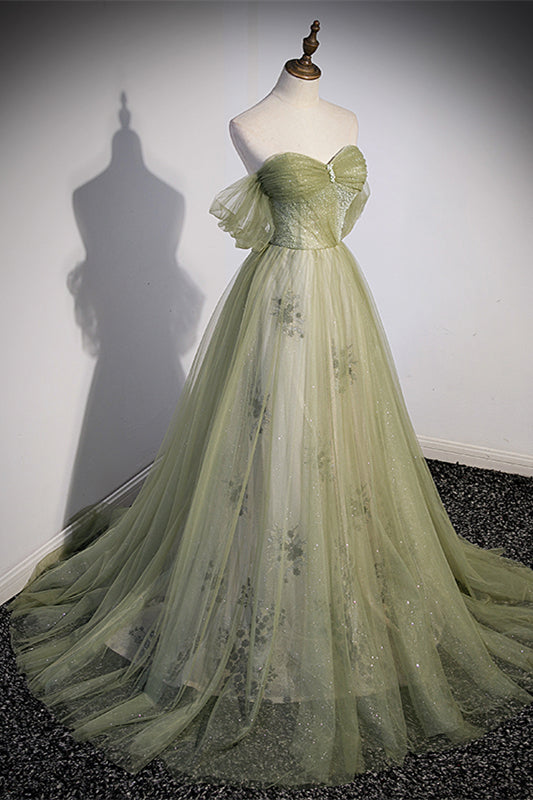 Off the Shoulder Green Tulle A-line Fairy Long Formal HZ0307