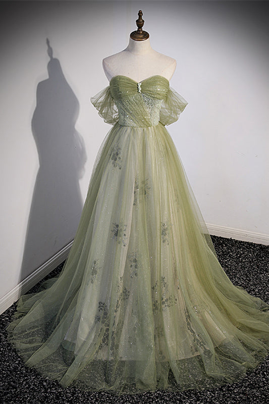 Off the Shoulder Green Tulle A-line Fairy Long Formal HZ0307