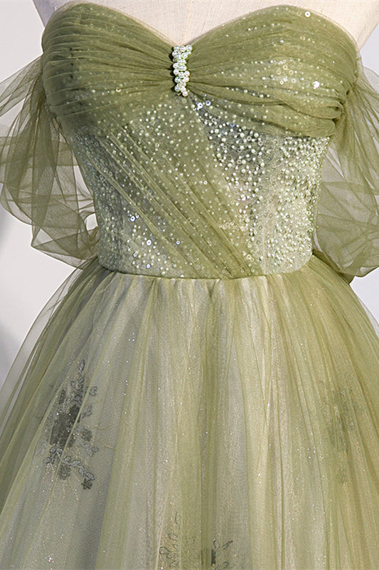 Off the Shoulder Green Tulle A-line Fairy Long Formal HZ0307