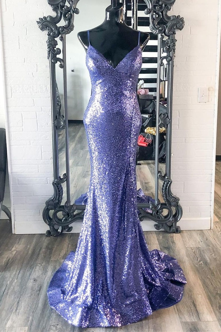 Stunning Purple Sequins Mermaid Backless Long Formal HZ0307