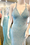 Empire Light Blue Sequin Mermaid Long Formal Dress with HZ0307
