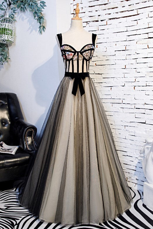 A-line Black Floral Long Formal HZ0307