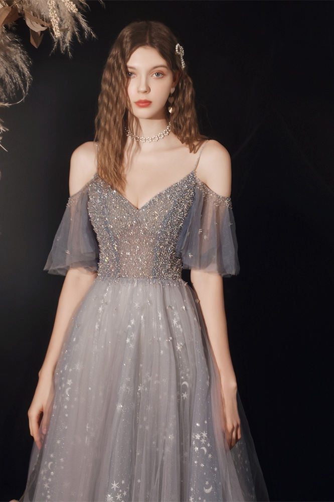 Stunning A-line Grey Tulle Long Formal HZ0307