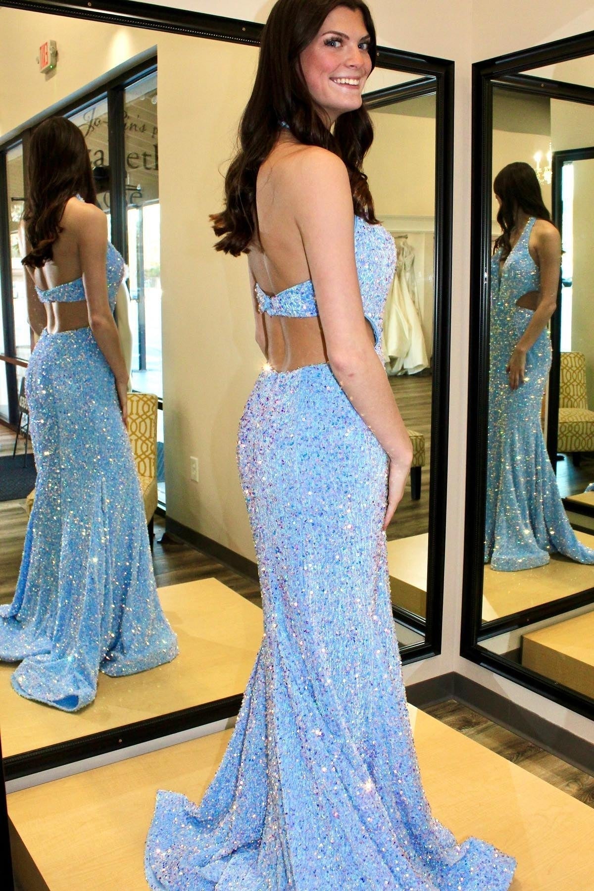 Plunge Neck Blue Sequin Mermaid Long Prom HZ0307