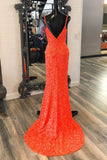 Simply Elegant Orange Sequin Mermaid Straps Long Formal HZ0307