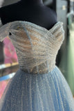 Light Blue Pleated Off the Shoulder A-line Long Formal HZ0307