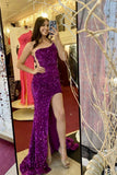 One Shoulder Purple Sequin Mermaid Long Prom HZ0307