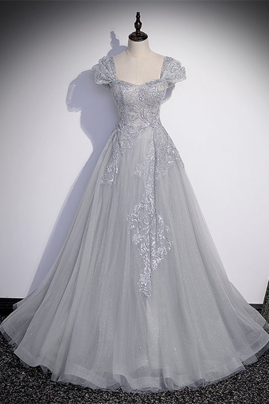 Silver A-line Long Prom Dress with Cap HZ0307