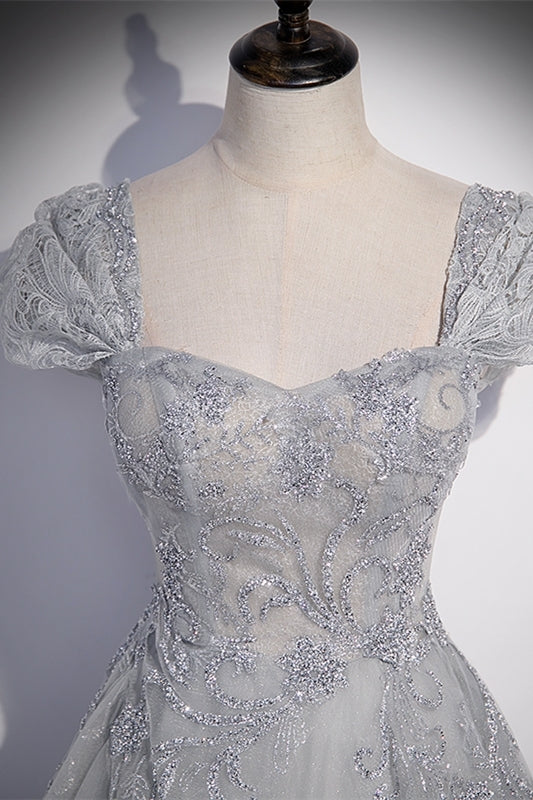 Silver A-line Long Prom Dress with Cap HZ0307