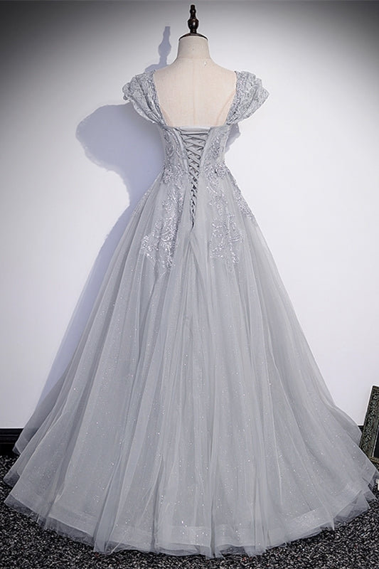 Silver A-line Long Prom Dress with Cap HZ0307