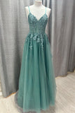 Straps Teal Green Lace Appliques Long Prom HZ0307