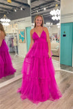 V Neck Fuchsia Tulle A-line Party HZ0307