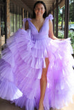 Tie Shoulders Yellow Tulle Ruffle Long Party HZ0307