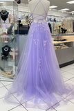 Straps Lavender Embroidery Tulle A-line Long Prom HZ0307