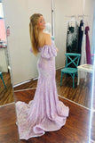 Lavender Sequin Mermaid Long Prom Dress with Short Puff HZ0307